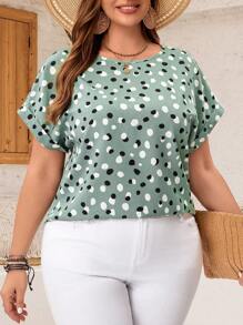 EMERY ROSE Plus Size Women's Short Sleeve Green Polka Dot Shirt, Summer,Spring/Vacation - Green - View 5