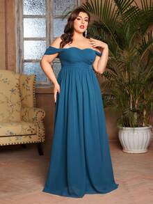 Plus Size Women Off Shoulder Ruched Chiffon High-Low Bridesmaid Dress - Blue - View 5