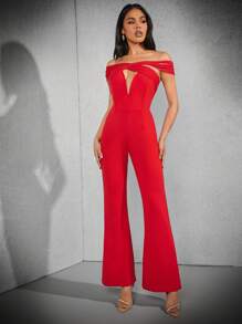 Hauture Women's Sexy Hollow Out Solid Color Off Shoulder Slim Fit Flared Jumpsuit, Summer