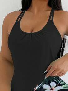 Women's Printed Random Pattern Two-Piece Swimwear, Summer Beach Tankini With Straps - Black - View 3