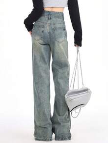 女款休閒時尚直筒牛仔褲，具有水洗效果和口袋設計 - 藍色 - 查看 2