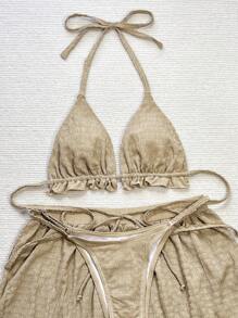 Swim Vcay 夏季海滩纯色波浪边分体比基尼套装 3 件套 - 卡其色 - 查看 4