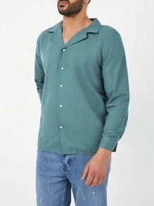 RueChic Men Solid Button Front Shirt - Dark Green - View 5