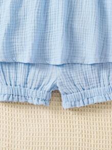 SHEIN Young Girl Summer Holiday Crochet Splice Cami Top And Shorts Set - Blue - View 4