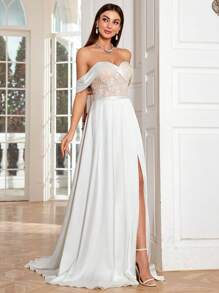 Mgiacy Off Shoulder Embroidered Patchwork Satin Asymmetrical Ruffles High Slit Train Wedding Dress - White - View 4