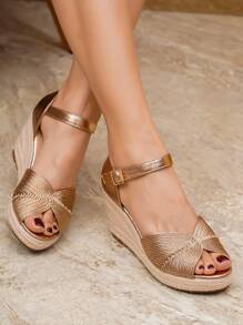 Women's Woven Metallic Texture Raffia Platform Wedge Sandals, Open Toe Buckle Accent High Heels, Fashion Summer Party Holiday Thick Bottom Sandals