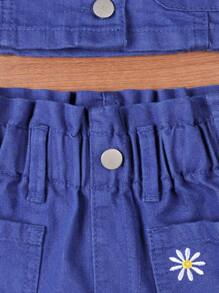 Baby Girl Sand Washed Denim Shirt And Shorts Set With Floral Embroidery