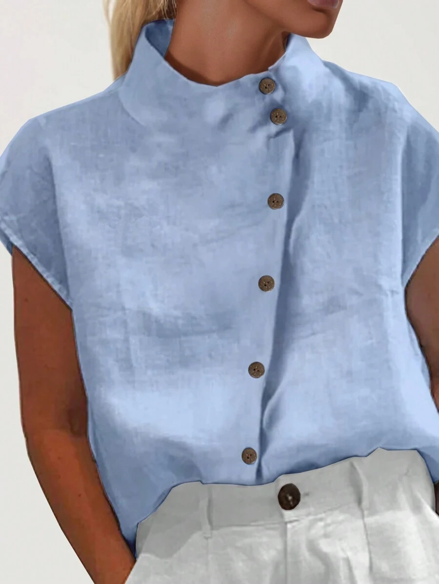 EMERY ROSE Women's Summer Stand Collar Single-Breasted Batwing Sleeve Loose Casual Shirt,Short Sleeve Tops