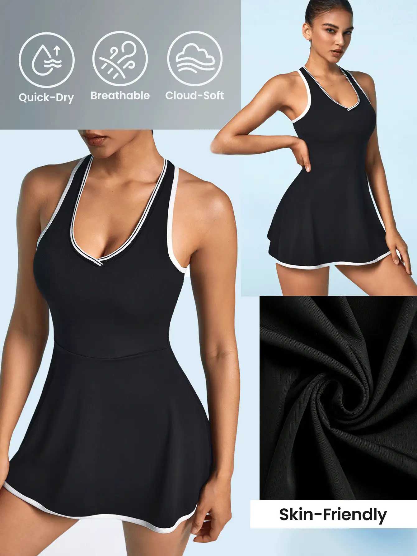 Lifespree Vestido deportivo sensual para mujeres sin espalda con cuello en V plano entrecruzado de máquina, conjunto de tenis para mujer - Negro - Ver 3