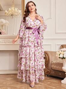 Plus Size Women Floral Print Multi-Layer Ruffle Hem Formal Evening Dress - Purple - View 3