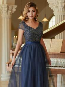 Dusty Blue Embroidered Wedding Guest Dress Women Elegant Bridesmaid Gown With Flowy Skirt - 藏蓝色 - 查看 7