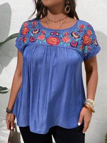 EMERY ROSE Áo sơ mi tay ngắn in hoa phong cách nghỉ dưỡng cỡ lớn cho nữ Denim Effect - Màu xanh lam - Xem 1