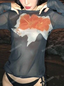 Women's Spring/Summer Floral Print Mesh Long Sleeve T-Shirt With Round Neck