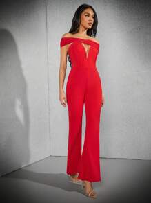 Hauture Women's Sexy Hollow Out Solid Color Off Shoulder Slim Fit Flared Jumpsuit, Summer