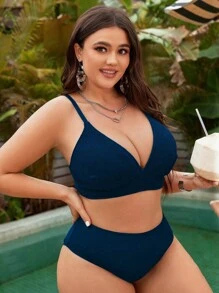 SHEIN Swim Curve Bikini de talla grande de unicolor y diseño simple para playa - Azul - Ver 3