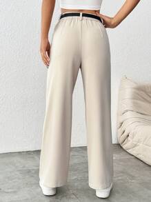 SHEIN PETITE 女式休闲直筒裤（配腰带） - 卡其色 - 查看 2