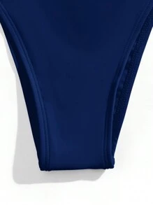 Swim Basics Conjunto de Maiô Bikini Sexy com Decote Halter e Amarração, Cor Sólida, Conjunto de Maiô Bikini de Praia para Férias - Azul Marinho - Visão 3