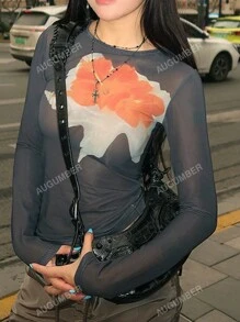 Women's Spring/Summer Floral Print Mesh Long Sleeve T-Shirt With Round Neck