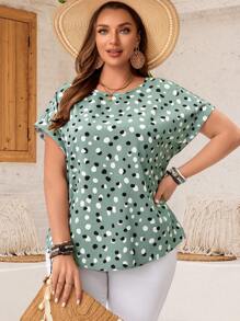 EMERY ROSE Plus Size Women's Short Sleeve Green Polka Dot Shirt, Summer,Spring/Vacation - Green - View 4