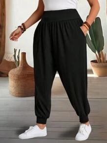 EMERY ROSE Plus Size Solid Color Drawstring Cuffs Vacation Casual Pants
