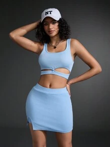 SHEIN Sport Gameset Women's Plain Hollow Out Crop Top And Skort Sports Set