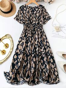 Robe décontractée longue à manches courtes et encolure V, avec imprimé tout-sur-tout en contraste de dentelle, pour femmes grandes tailles, pour l'été - Multicolore - Voir 2