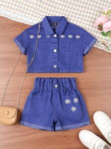 Baby Girl Sand Washed Denim Shirt And Shorts Set With Floral Embroidery
