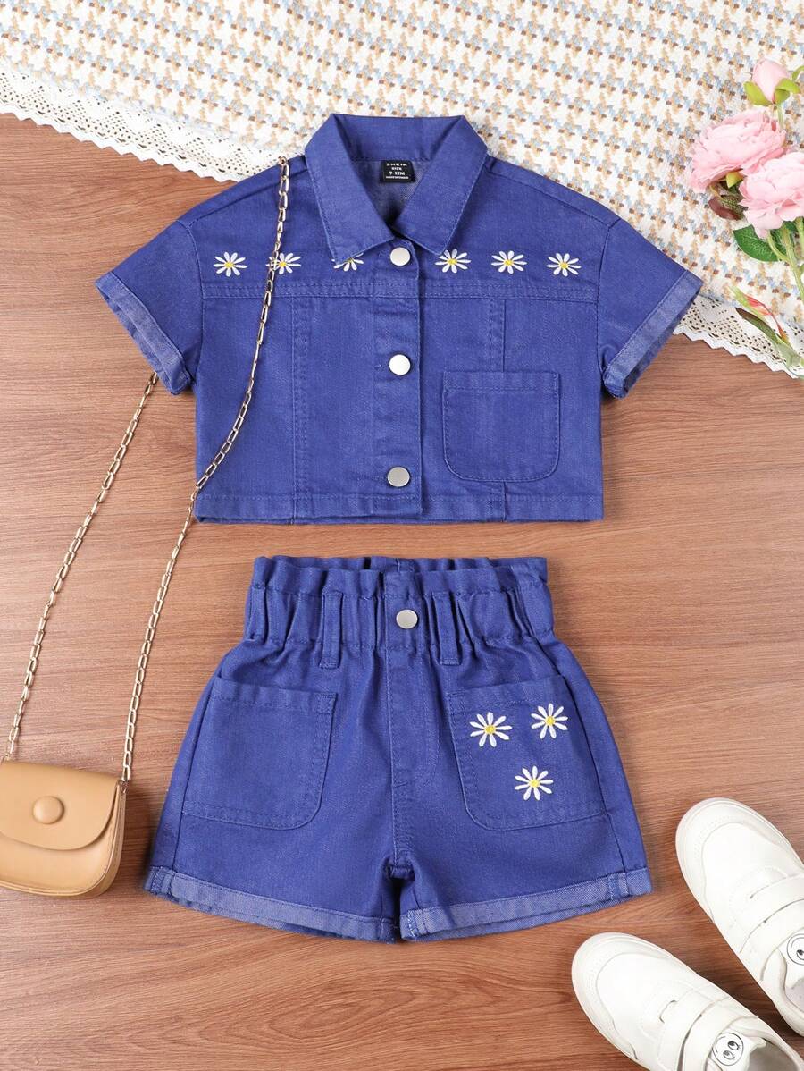 Baby Girl Sand Washed Denim Shirt And Shorts Set With Floral Embroidery