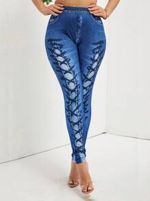 SHEIN Lady 女式高腰牛仔效果印花紧身裤，时尚百搭 - 彩色 - 查看 8