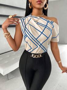 SHEIN VaVaLuxe Striped Print Ruched Asymmetrical Shoulder Blouse - Blue - View 3