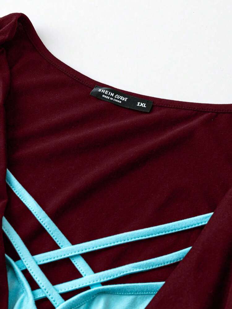 Plus Size Heart Neckline Colorblock Criss-Cross Strap Ruffle Hem Tank Top