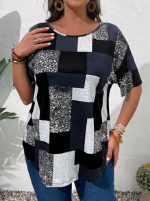 EMERY ROSE Plus Size Patchwork Print Casual Short Sleeve T-Shirt For Summer