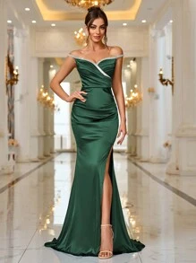 New Off Shoulder Ruffle Fishtail Hem High Slit Formal Dress, Spring/Summer - Dark Green - View 2