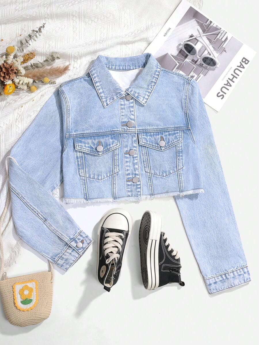 CHAQUETA DE MEZCLILLA CORTA LAVADA, PARA JOVEN ADOLESCENTE, PARA USO DIARIO CASUAL TODO-EN- - Lavado ligero - Ver 1