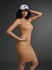 Gameset SHEIN Sport Women's Summer Solid Color Sleeveless Top Style Athletic Dress With Notched V-Neckline - Brown - View 4