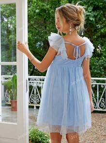 Joyfunear Maternity Fashion Mesh Cap Sleeve V-Neck Short Elegant Dress, For Party