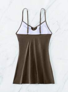 SHEIN Swim Traje de baño de una pieza halter con pliegues de unicolor y aberturas laterales para vacaciones, playa de verano - Marrón - Ver 3