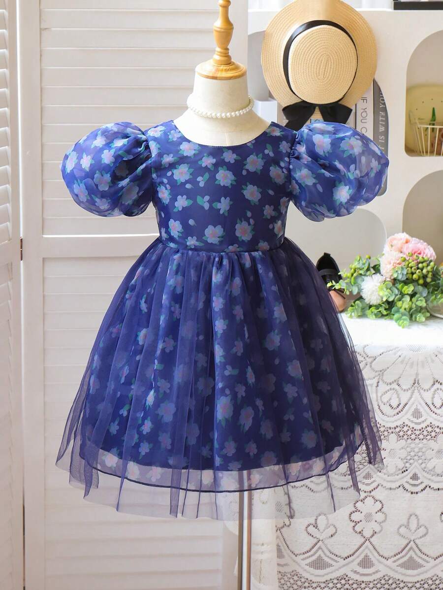 SHEIN Young Girl Elegant And Tulle Printed Floral Princess Dress In Dark Blue, With Puff Sleeves, Back Bowknot, Comfortable And Breathable, Suitable For Spring/Summer Vacation, Wedding, Countryside Gathering - Navy Blue - View 1