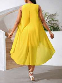 SHEIN Lady 婚礼宾客礼服夏季女士连衣裙纹理镂空蕾丝雪纺拼接黄色亮色夏季短款连衣裙背心裙 - 黃色 - 查看 2