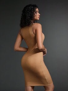 Gameset SHEIN Sport Women's Summer Solid Color Sleeveless Top Style Athletic Dress With Notched V-Neckline - Brown - View 2