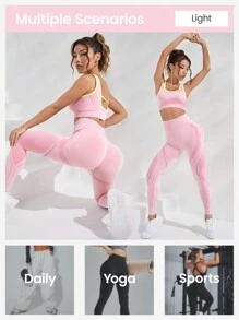 Easithlete 对比色绑带镂空后背运动套装健身套装女士健身套装 - 淺粉色 - 查看 3