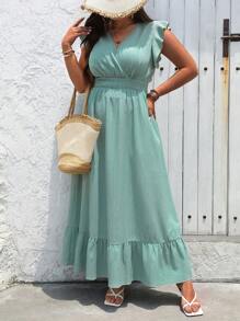 SHEIN Holidaya Vestido maxi casual de mujer talla grande de cuello en V sencillo y liso para uso diario - Verde - Ver 6
