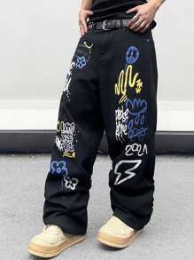 Manfinity Roghcode 男士街头图案休闲直筒休闲牛仔裤，纯色深色牛仔裤长款宽松纯黑色洗水工装牛仔裤，适合丈夫、男朋友的礼物 - 黑色 - 查看 8