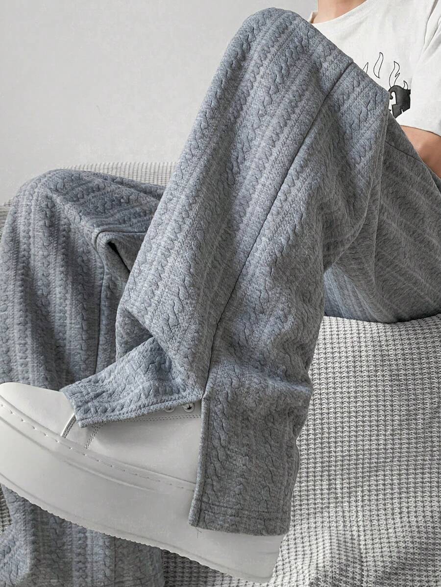 男士时尚休闲宽松提花开衩直筒裤 - 灰色 - 查看 1