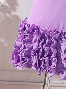 SHEIN Elegancka fioletowa sukienka dla młodej dziewczyny z asymetrycznym dołem i falbaną 3D - Fioletowy - Zobacz 4