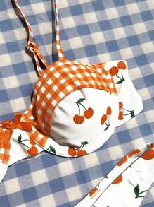 SHEIN Swim Women's Summer Beach Cherry Plaid Printed Sexy Bikini Set, Two-Piece Swimwear