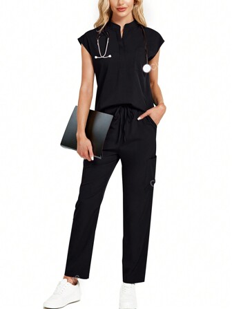 cimmuovere 2pcs Women Stand Collar Scrub Uniform Set