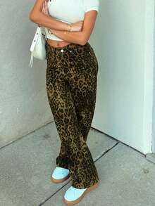 Quần Jeans Họa Tiết Da Báo Phong Cách Đường Phố Đơn Giản Mùa Xuân Hè Cho Nữ Quần Ống Rộng Ống Thẳng Rodeo - màu nâu - Xem 6