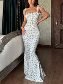 女士花卉印花紧身性感时尚细肩带连衣裙优雅派对度假节日春夏装