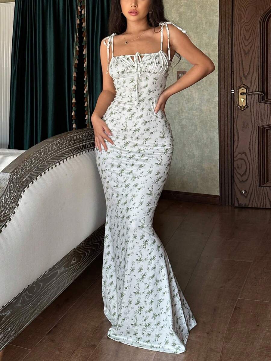 女士花卉印花紧身性感时尚细肩带连衣裙优雅派对度假节日春夏装